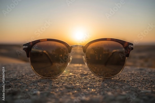 Wallpaper Mural Stylish tortoise shell sunglasses resting on textured ground with a warm golden sunset reflecting in the lenses Torontodigital.ca