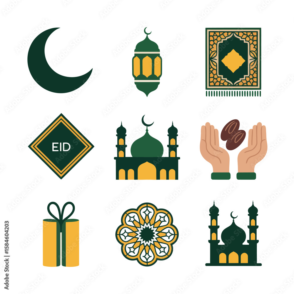 Fototapeta premium Nine Ramadan Icons Featuring Crescent Moon Lantern Mosque Gift Dates and Geometric Designs