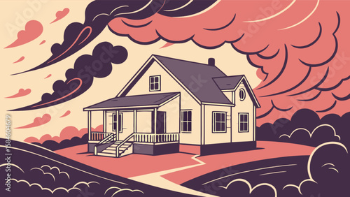 Illustration of a charming house with porch and dramatic sky landscape vector art design element drawing