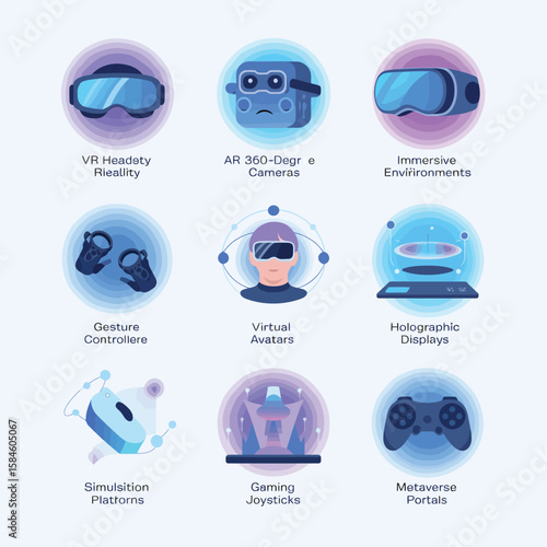 Nine Virtual Reality Icons with Headsets Controllers and Metaverse Elements on a White Background
