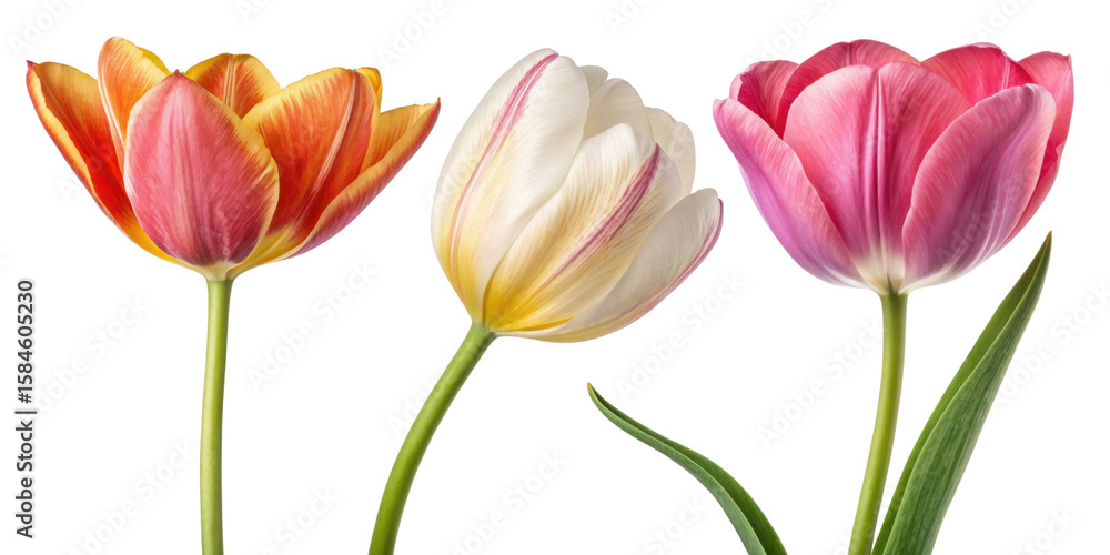 Fototapeta premium Beautiful tulips in vibrant colors showcase elegance of flowers, creating stunning visual display of nature artistry