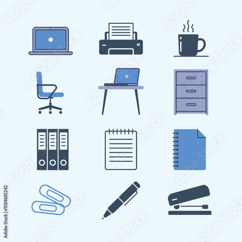 Office essentials icons set featuring laptop printer coffee mug chair desk file cabinet notepad paper clips pen stapler