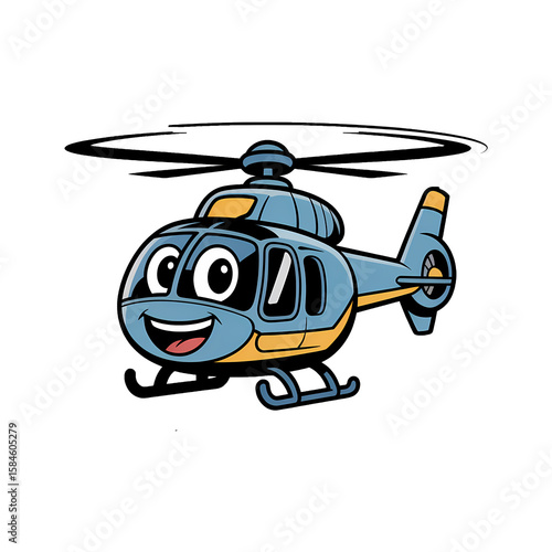 Colorful cartoon helicopter with smiling face flying in the sky, showcasing a fun and cheerful design
