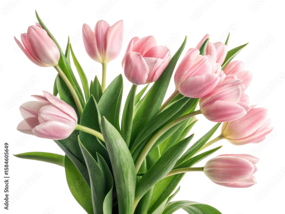 Naklejka premium Beautiful pink tulips bloom gracefully, showcasing their delicate petals and vibrant green leaves, creating stunning floral arrangement