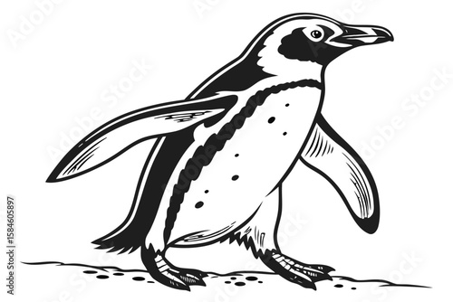 A penguin walks across the ground in a black and white style