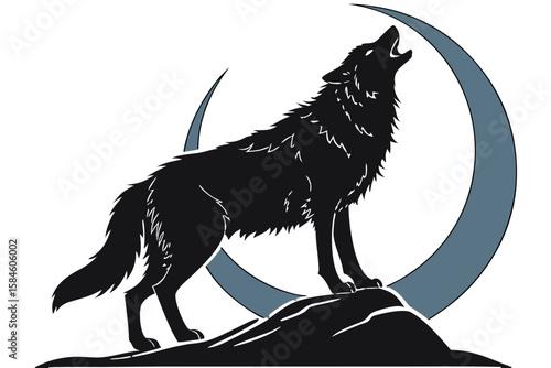 A black wolf howling at the moon on a rock