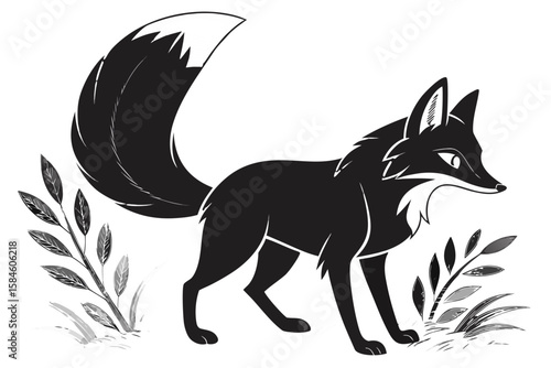 A stylized fox with a bushy tail in nature