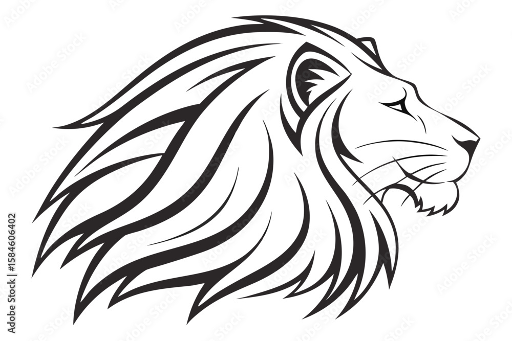 Stylized black and white lion head in profile Stylized black and white lion head in profile