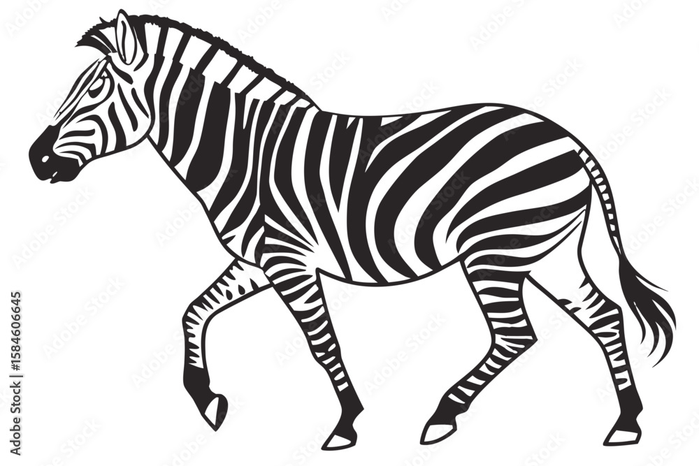 A black and white illustration of a walking zebra with stripes A black and white illustration of a walking zebra with stripes
