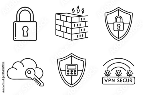 Cybersecurity icons lock, firewall, shield, cloud, key, vpn