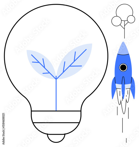 Lightbulb enclosing a leaf symbolizes growth and sustainability, while a blue rocket depicts innovation and progress. Ideal for sustainability, innovation, growth, start-up, energy, development