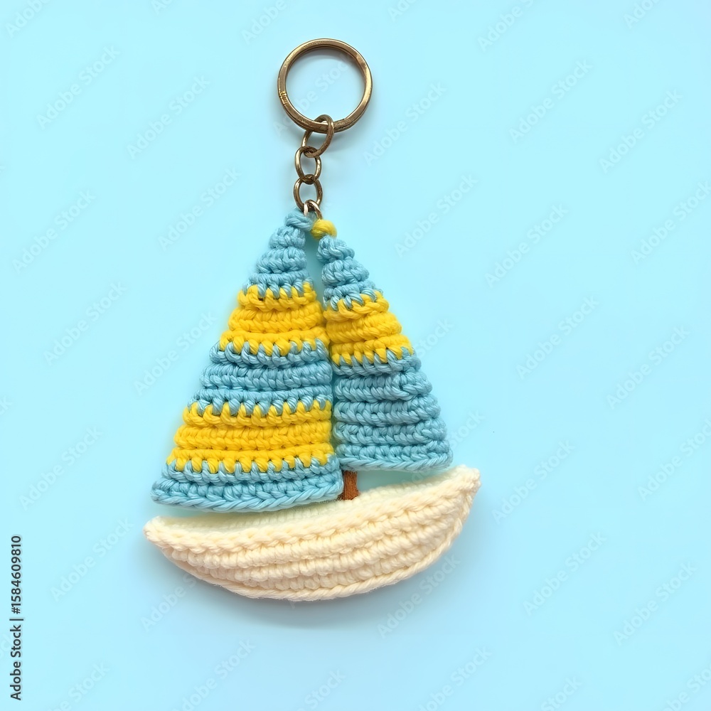 Fototapeta premium 3D crochet keychain featuring a sailboat with a brightly colored, horizontally striped sail, comprising alternating bands of sky blue, sunshine yellow