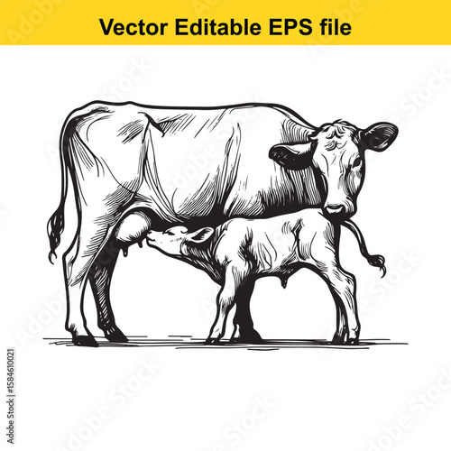 A black and white illustration of a cow nursing its calf, symbolising maternal care and farm life.