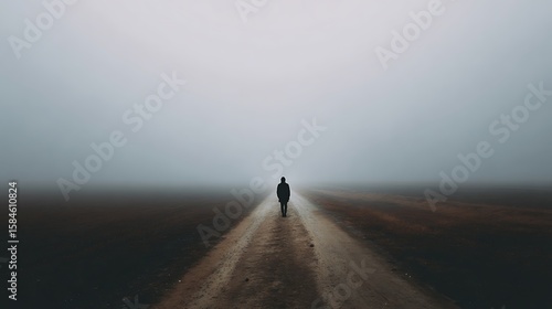 Lone figure walks down a dirt road disappearing into thick fog and mist creating a sense of mystery and isolation