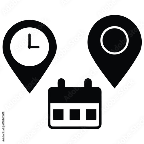 Calendar clock and location pointers icons representing time and place