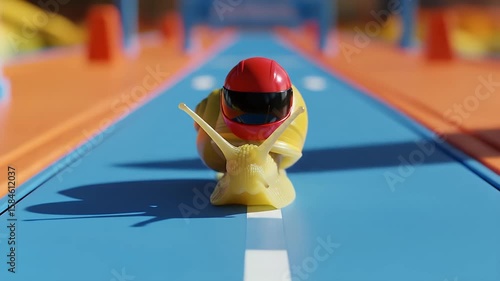 Snail Racer on Track: A determined snail, clad in a miniature racing helmet, embarks on a thrilling race down a vibrant blue track. A playful and imaginative display of competition, speed.