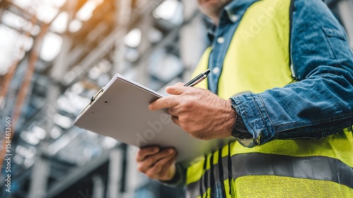 Construction worker in a yellow safety vest holding a clipboard and pen reviewing documents on site