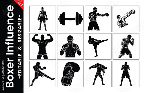 Set Of Black And White Boxing Sport Illustrations Including Boxers Weight Lifting And Martial Arts