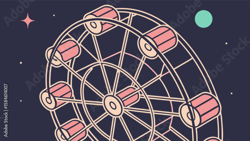 Ferris wheel ride at night illustration with stars and moon in the night sky vector design