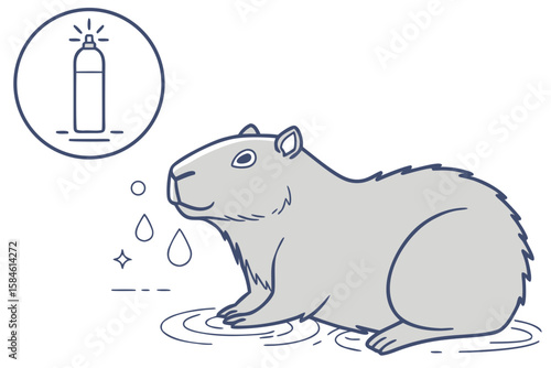 A capybara sits in water with spray droplets