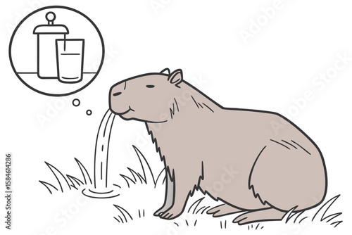 A capybara drinking water with a thought bubble