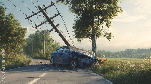 Damaged blue car crashed into a leaning utility pole with downed wires on a rural road surrounded by trees and fields