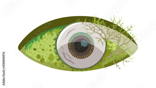 Eye disease illustration with fungal growth and infection symptoms for medical health awareness campaign