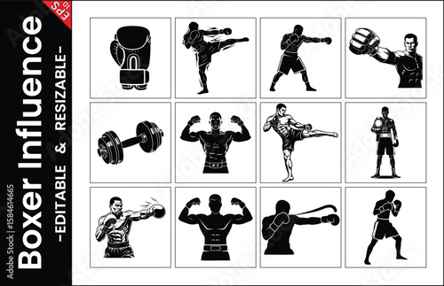 Boxing And Fitness Black Silhouettes Illustration Collection For Sports And Health Related Projects