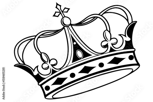 An ornate black and white drawing of a regal crown