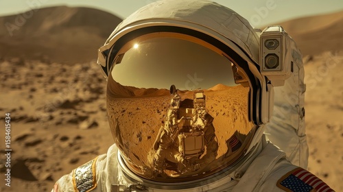 Astronaut in Space Suit with Reflective Helmet on Martian Landscape