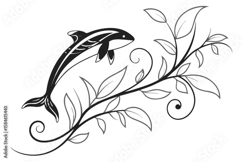 A dolphin swims near a decorative plant with leaves