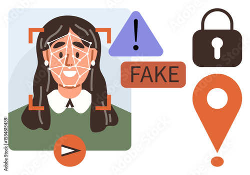 Face scan grid overlay on woman fake warning alert, lock icon, location marker, caution sign. Ideal for cybersecurity, identity theft, fraud prevention, AI misuse biometrics data protection. Simple