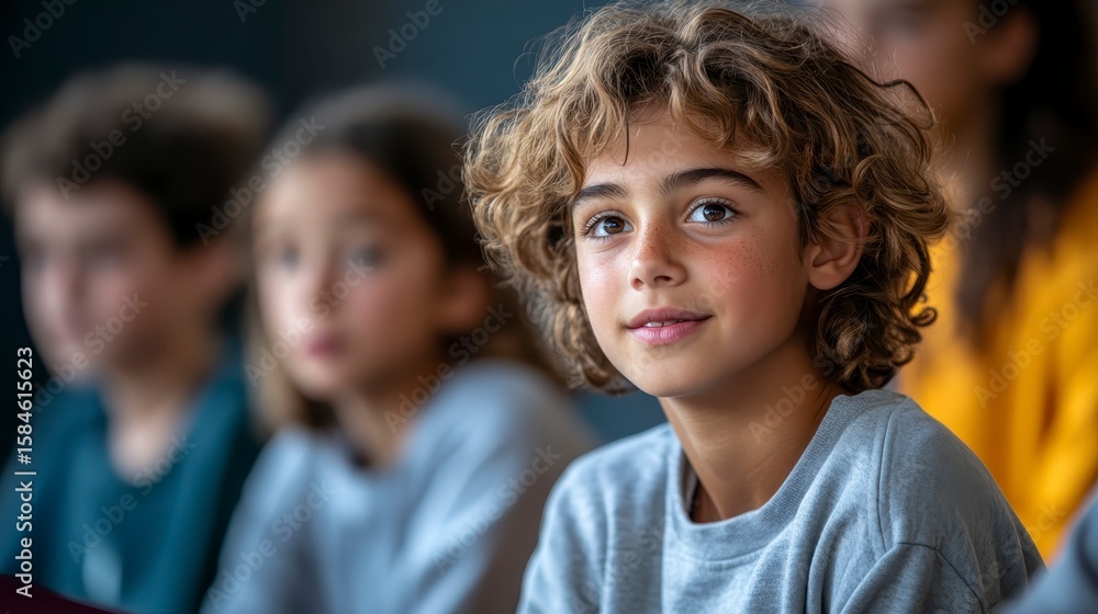 Obraz premium Young Boy with Curly Hair Smiling in Classroom Setting