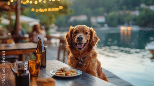 Happy Golden Retriever Dog at Outdoor Cafe by the Water