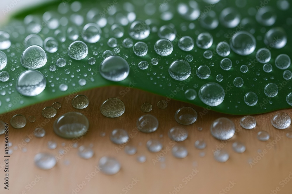 Water droplets resting on a green leaf and wooden surface Water droplets resting on a green leaf and wooden surface