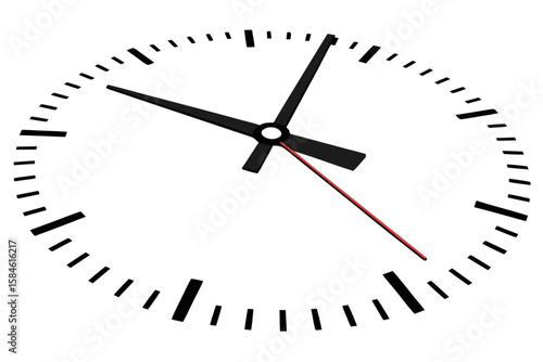 Clock face with black hands and red second hand isolated on white
