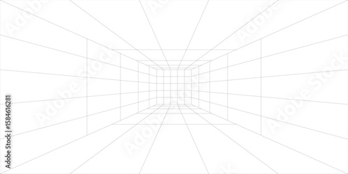 Room projection grid in futuristic 3d style. Outline futuristic grid background, room projection. Wireframe grid template in perspective view. Vector