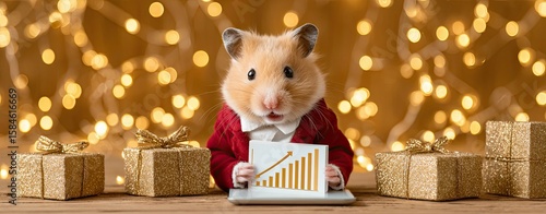 A cute hamster in a Christmas setting, holding a graph on a tablet with festive lights.
