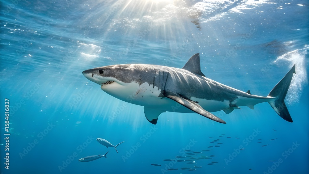 Naklejka premium Realistic Underwater Photo of a Great White Shark Swimming in the Ocean