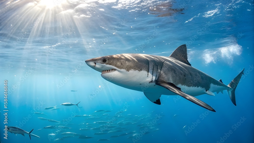 Fototapeta premium Realistic Underwater Photo of a Great White Shark Swimming in the Ocean