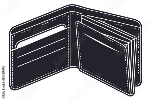 An open black and white illustration of a leather wallet