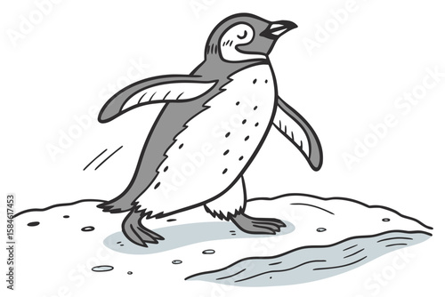 A cute penguin walks across an icy landscape