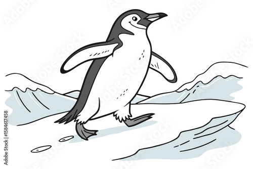 A cute penguin walks across an icy landscape