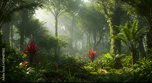 Lush tropical rainforest with vibrant green foliage and sunlight filtering through dense canopy – photorealistic nature scene with rich details, perfect for eco, travel, and environmental themes