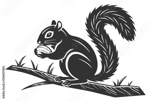 A black squirrel holding a nut on a branch