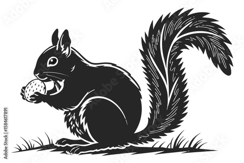 A black squirrel holding a nut in the grass