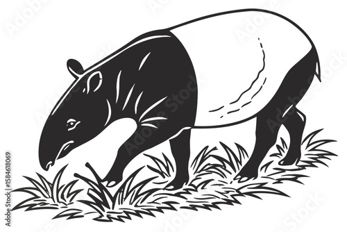 A tapir eats grass in a natural outdoor setting