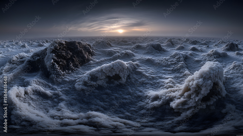 Obraz premium Dramatic Sunset Over Choppy Ocean Waves, Nature Landscape Photography, Serene Environment, Wide-Angle View