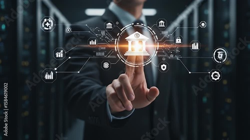 Businessman touching digital interface with bank icon and financial symbols