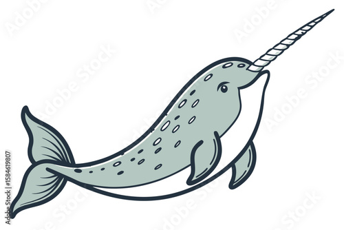 A cute cartoon narwhal swims in the ocean